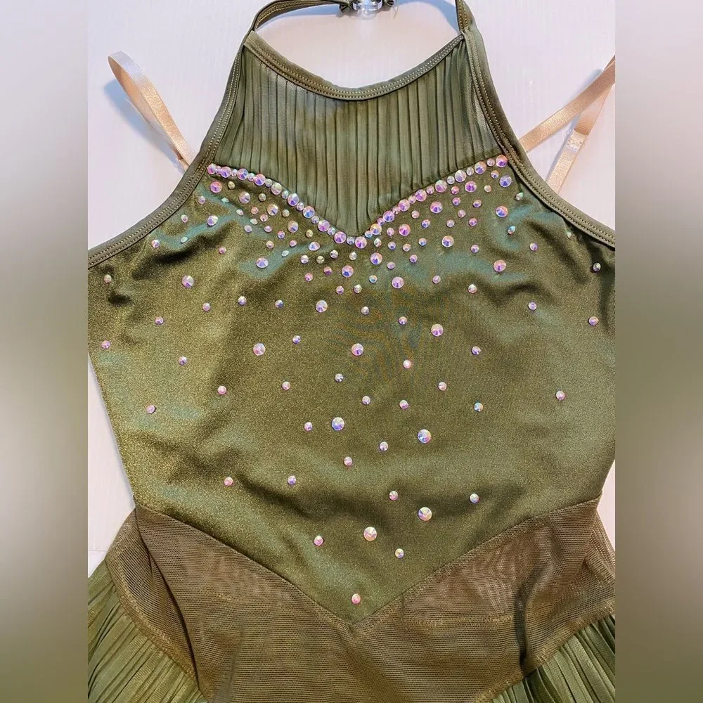 Competition Custom made solo dance costume olive green pleated lyrical dress SA
